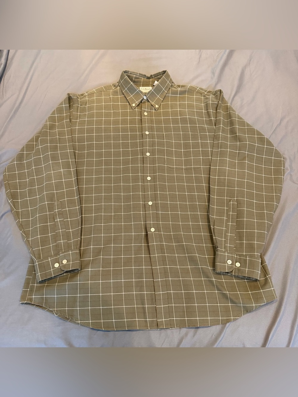LL Bean Mens XL Plaid Button Down Shirt Green Cotton/Wool Blend